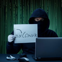 A hacker holding a sheet marked with 'BXCLONER', alongside a laptop. The hacker is masked with a black face cover.