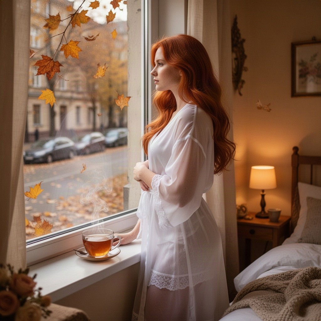 A beautiful lonely woman with long red hair stands by a window, gazing out at the autumn leaves falling on a city street