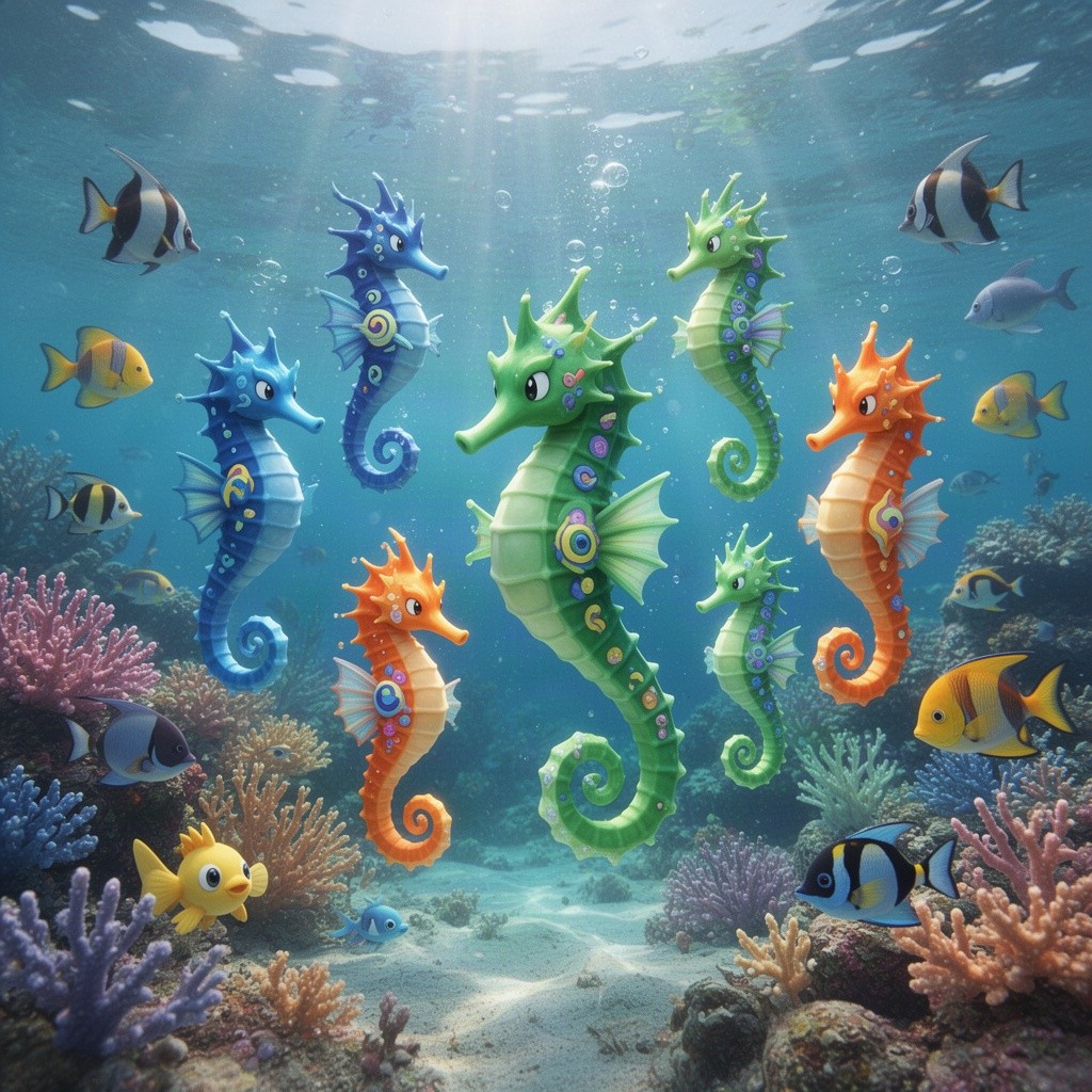 A vibrant underwater scene depicting a school of colorful, fantastical Pokémon seahorses with unique designs and patterns swimming gracefully through coral reefs