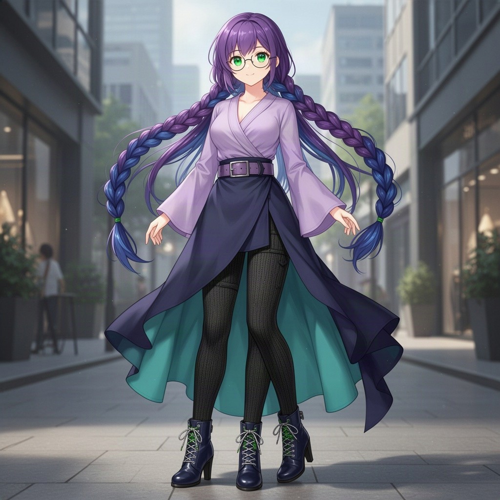 A beautiful young 17-year-old anime girl with long purple hair featuring vivid dark blue highlights, styled into long thick twin braids