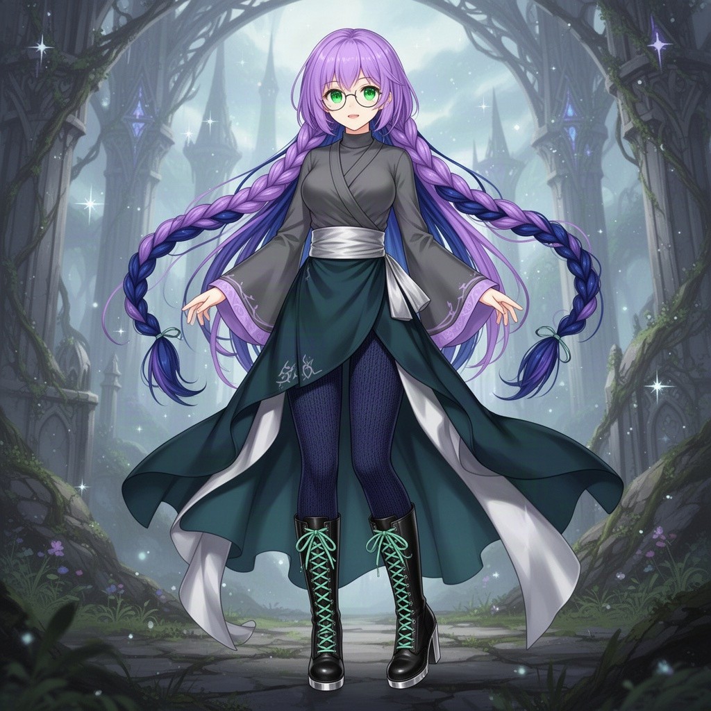 A beautiful young 17-year-old anime girl with long, flowing purple hair accented by vivid dark blue highlights, styled in long thick twin braids