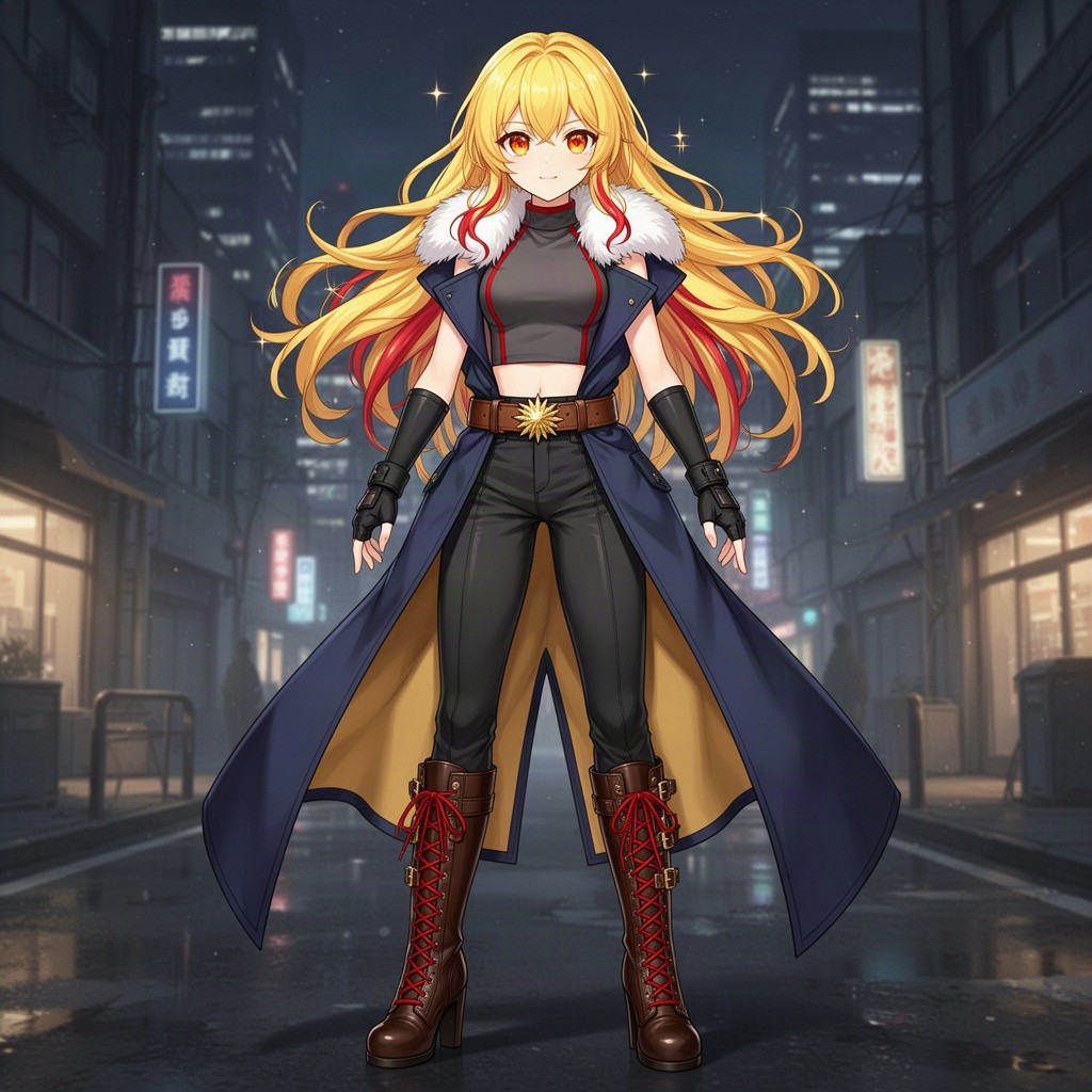 A beautiful young 17-year-old anime girl with long, wavy golden yellow hair adorned with vivid red highlights, and dazzling orange eyes that sparkle with confidence
