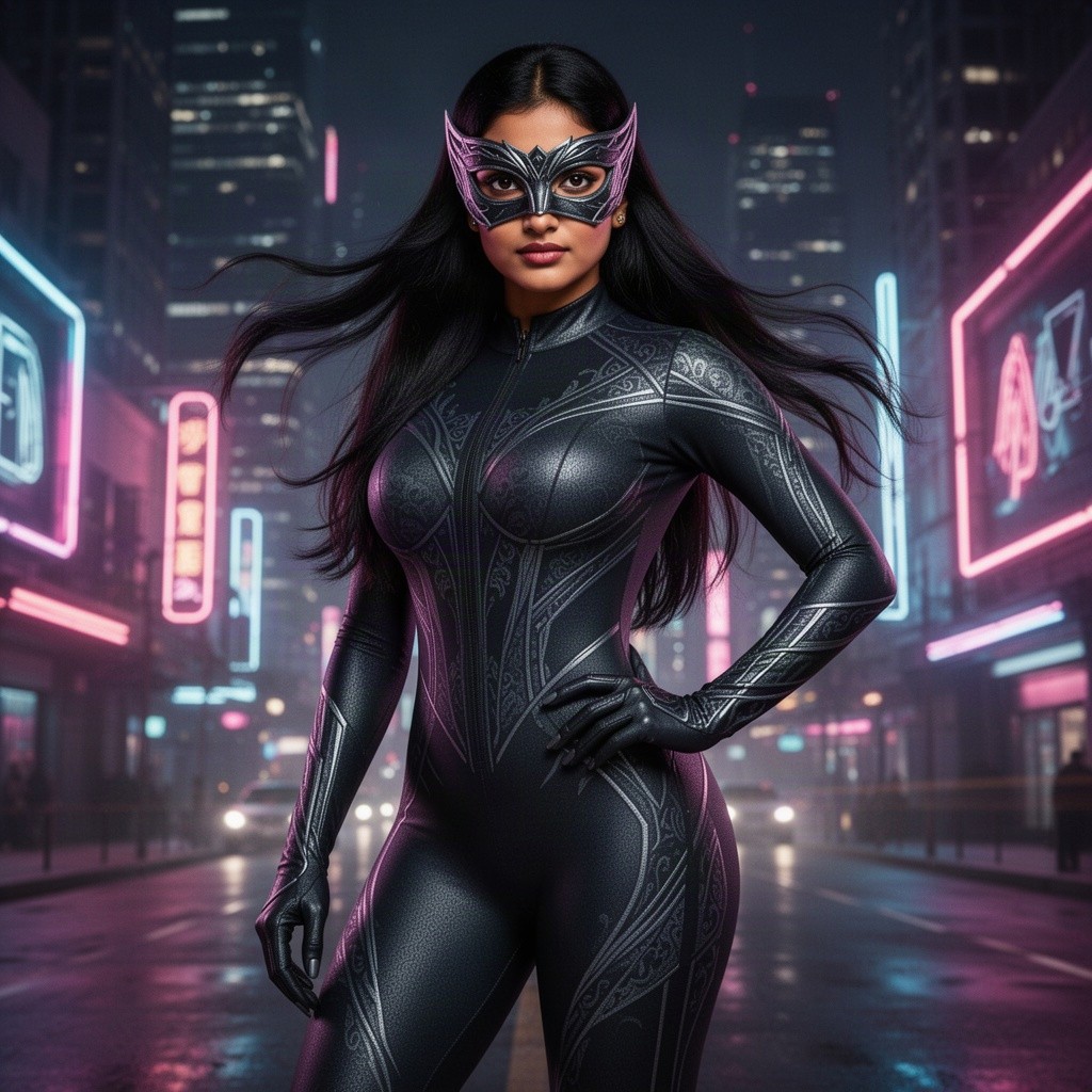 An Indian woman wearing a sleek, form-fitting catsuit that accentuates her curves, complete with a stylish mask covering her face