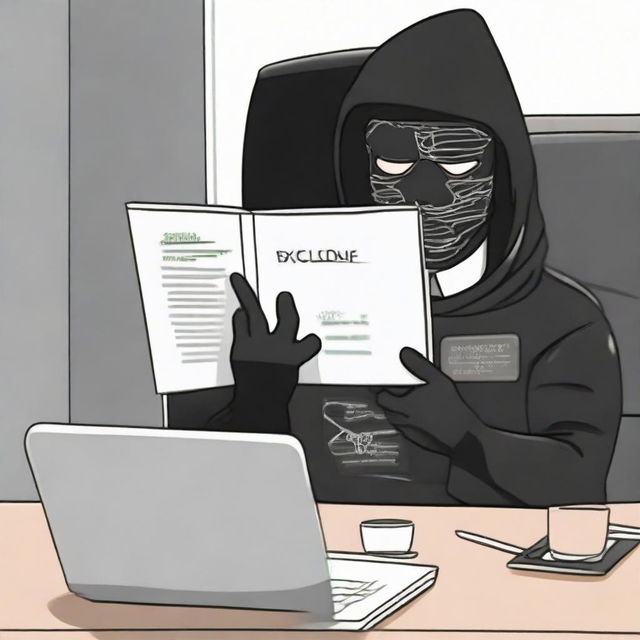 A hacker wearing a black facial mask, holding a page labelled 'BXCLONER' in hand, with a notebook computer next to him.