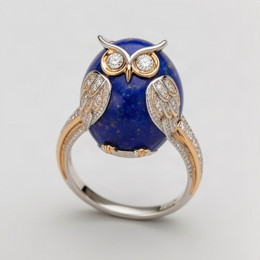 A stunning engagement ring featuring an intricate owl motif, where the body of the owl is elegantly crafted in a unique design