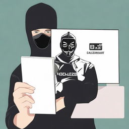 A hacker wearing a black facial mask, holding a page labelled 'BXCLONER' in hand, with a notebook computer next to him.