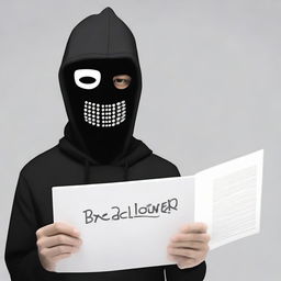 A hacker wearing a black facial mask, holding a page labelled 'BXCLONER' in hand, with a notebook computer next to him.