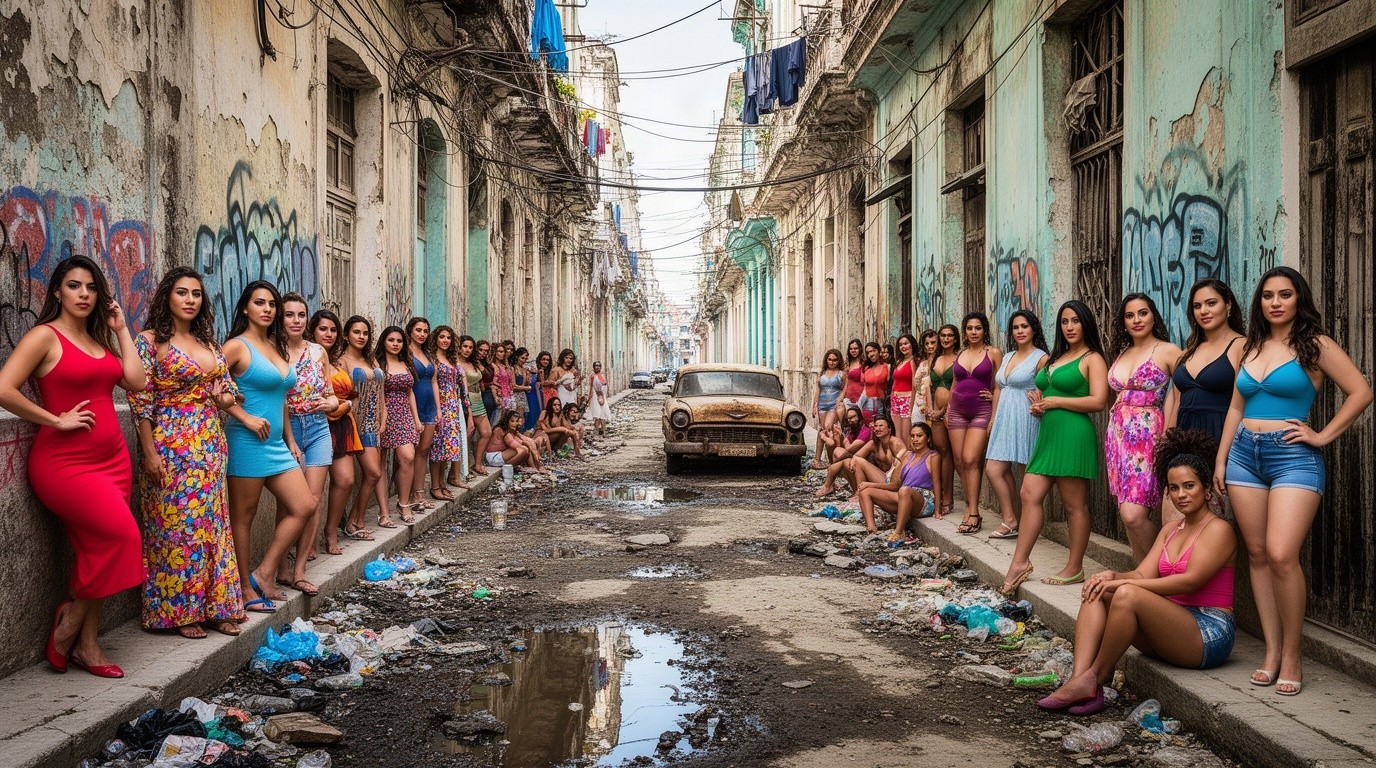 An ultra-photorealistic YouTube documentary thumbnail depicting a dirty, run-down Cuban alley