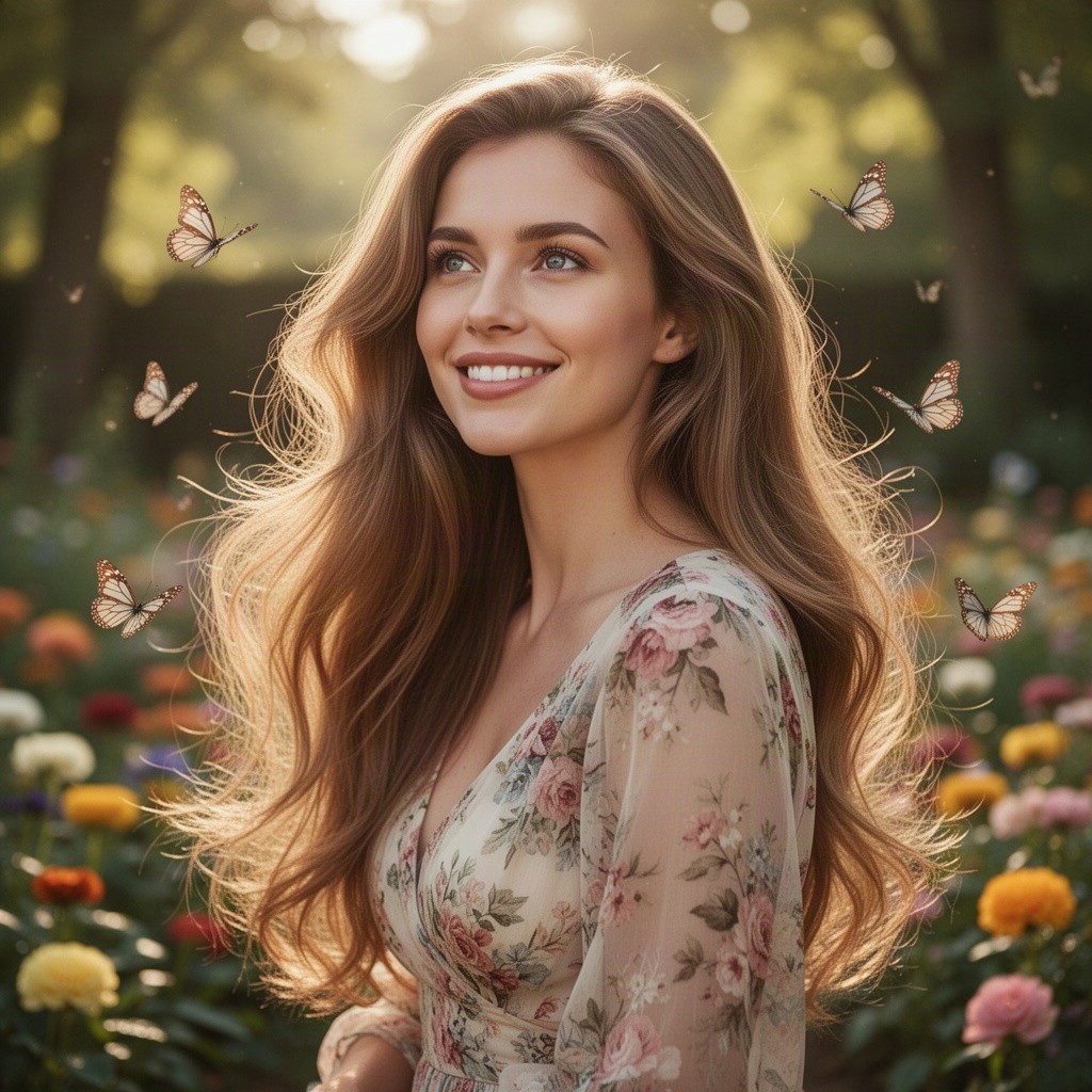 A captivating close-up of a beautiful woman with flowing, long hair, looking thoughtfully away from the camera, as soft sunlight filters through the trees in a lush garden