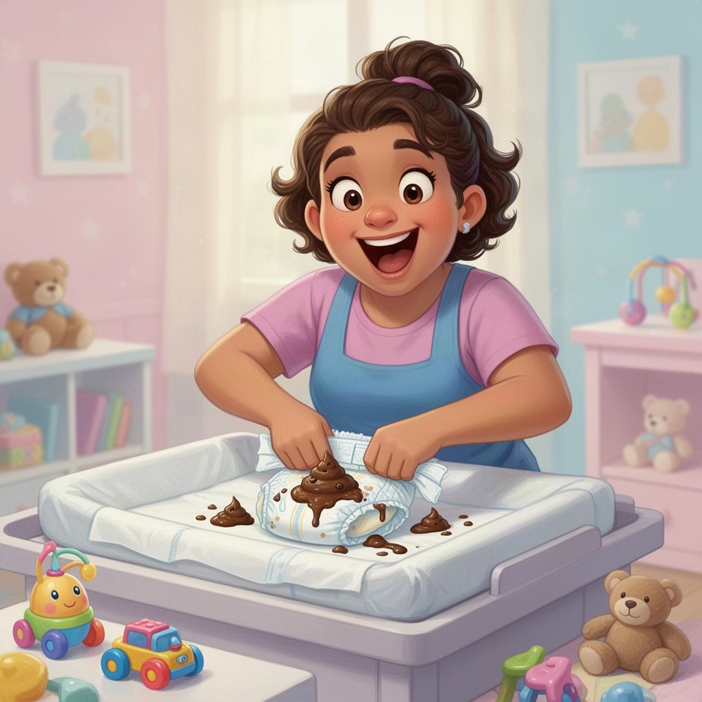 An illustrated scene of a playful and animated adult character named Billie, cheerfully changing a diaper on a changing table