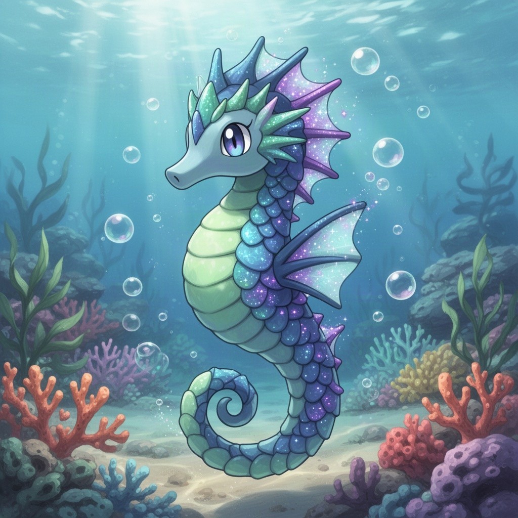 A vibrant and imaginative depiction of a Pokémon seahorse, resembling a blend of a seahorse and a mystical creature