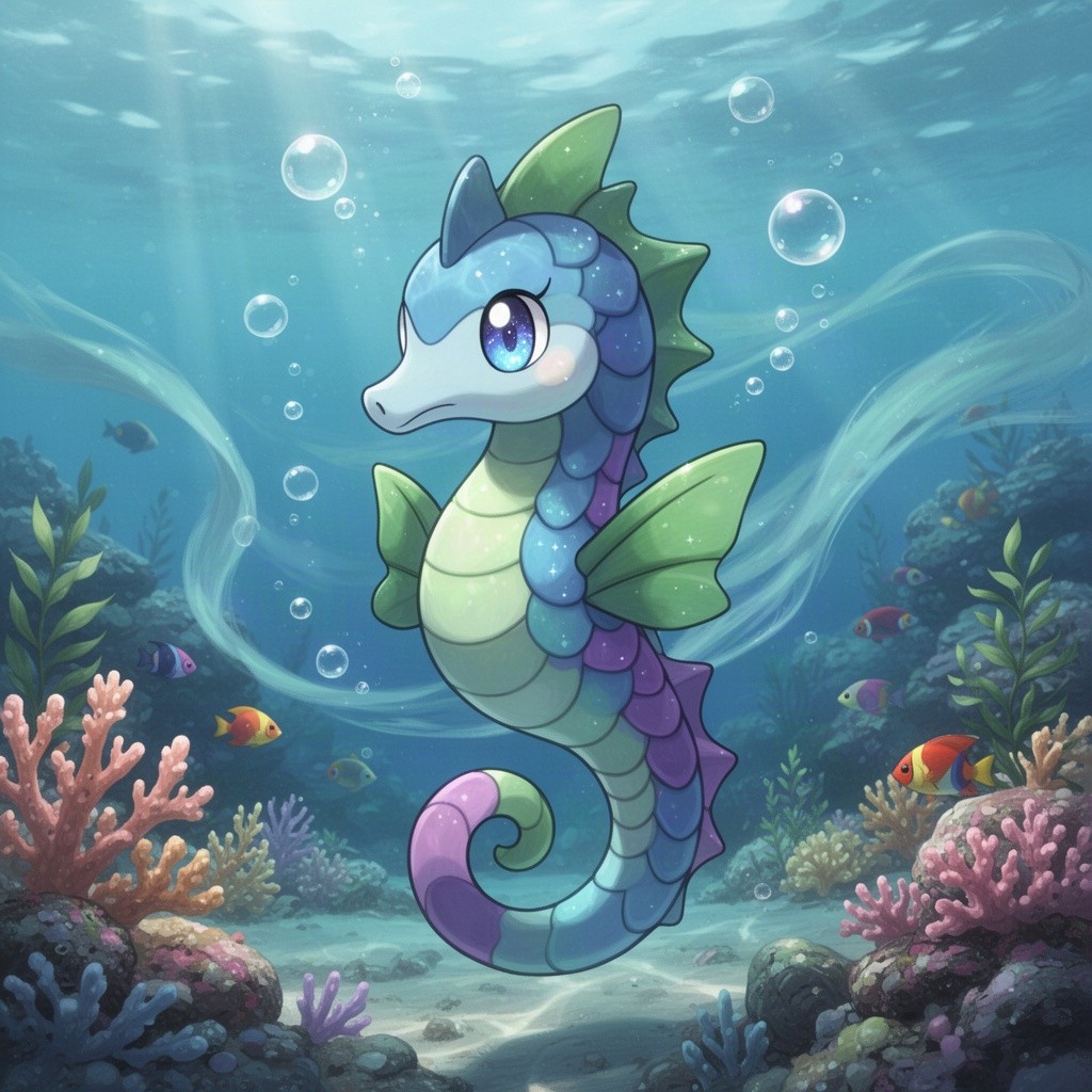 A whimsical and colorful depiction of a fictional seahorse Pokémon