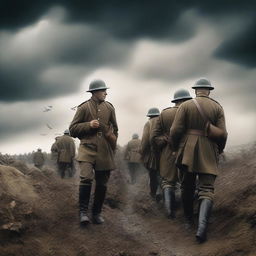 A high quality digital art image depicting a dramatic scene from World War 1