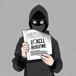 A hacker wearing a black facial mask, holding a page labelled 'BXCLONER' in hand, with a notebook computer next to him.