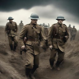 A high quality digital art image depicting a dramatic scene from World War 1