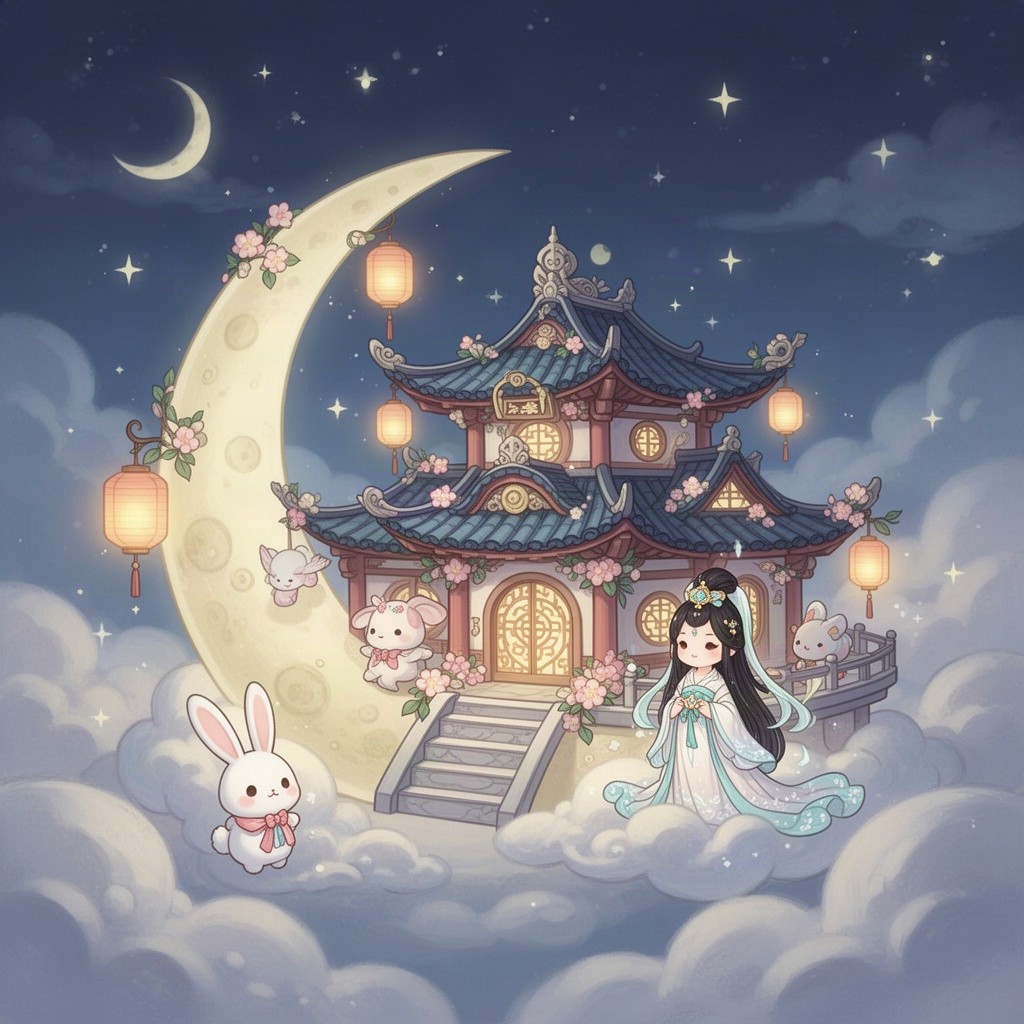 A charming and adorable Q-version illustration of the Moon Palace (广寒宫), featuring whimsical architecture with a crescent moon shape, surrounded by soft clouds illuminated by a gentle night sky