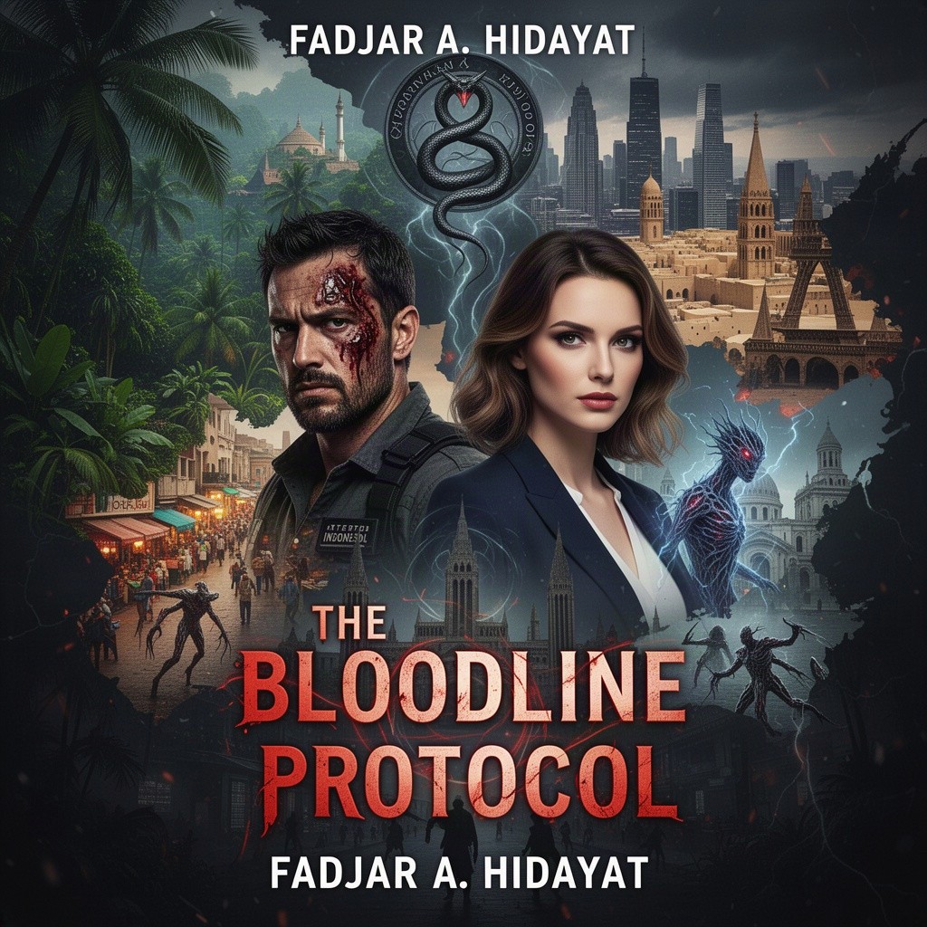 A thrilling multi-genre book cover design for 'The Bloodline Protocol' by Fadjar A