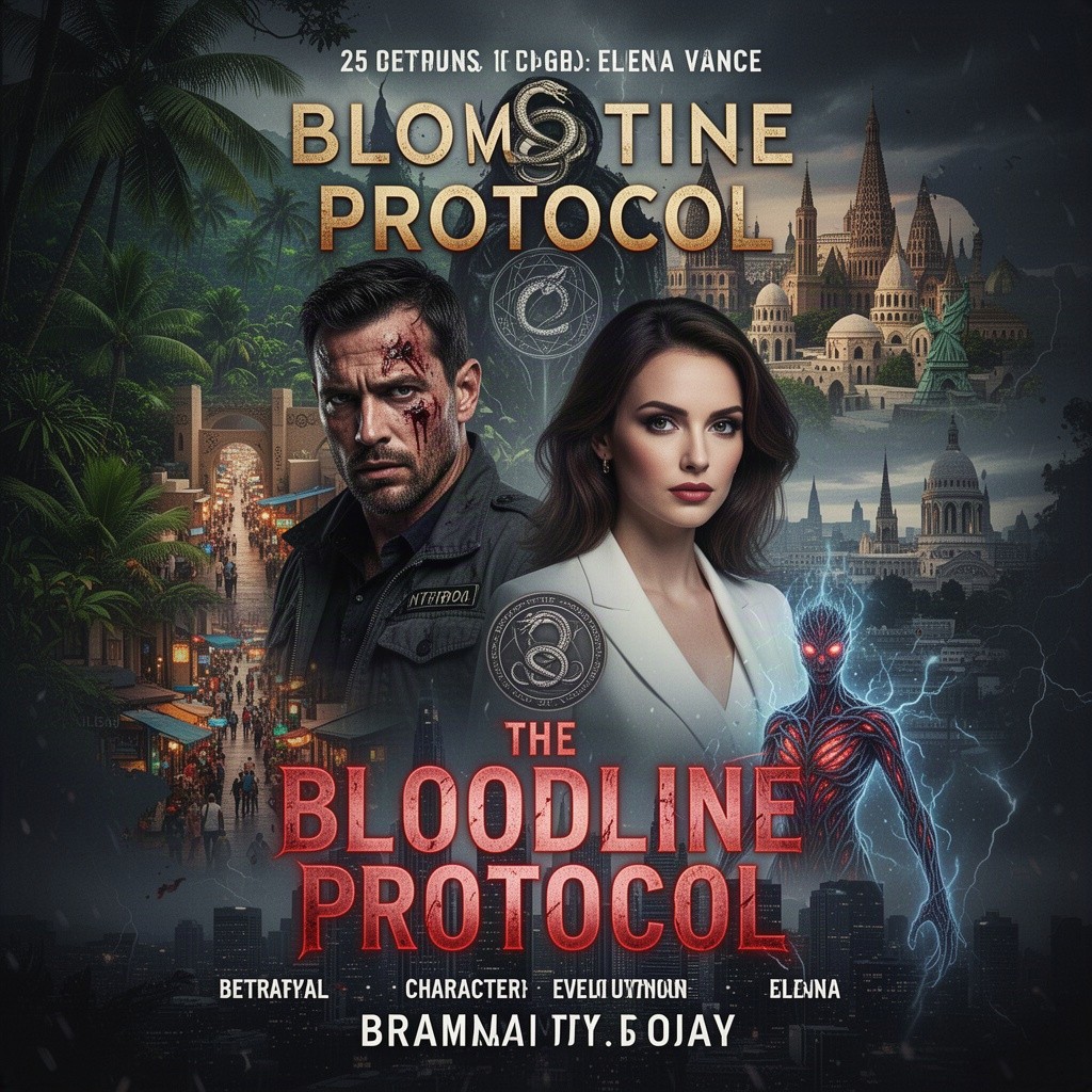 A thrilling multi-genre book cover design for 'The Bloodline Protocol'