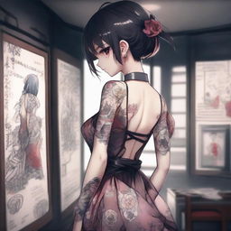 A Yandere style anime girl with intricate tattoos on her back and chest, dressed in a moe style loli dress. She's tall and drawn in an anime painter studio with a grimdark twist in a 4k digital art style.