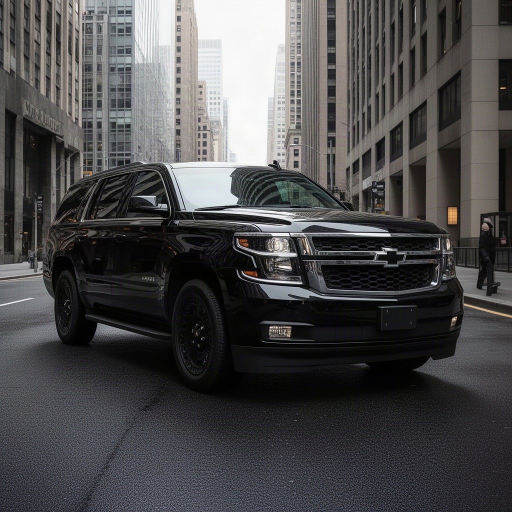 A large, imposing black government SUV parked in a sleek urban setting, showcasing a robust and authoritative design