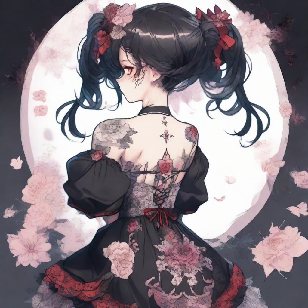 A Yandere style anime girl with intricate tattoos on her back and chest, dressed in a moe style loli dress. She's tall and drawn in an anime painter studio with a grimdark twist in a 4k digital art style.