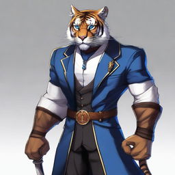 A high-quality digital art image of a tall and muscular tabaxi, resembling a dark-furred saber-toothed tiger with striking white stripes