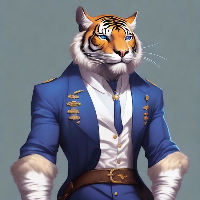 A high-quality digital art image of a tall and muscular tabaxi, resembling a dark-furred saber-toothed tiger with striking white stripes