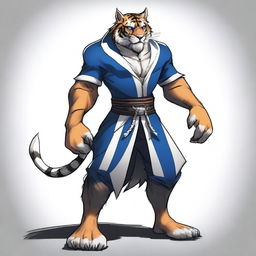 A high-quality digital art image of a tall and muscular tabaxi, resembling a dark-furred saber-toothed tiger with striking white stripes