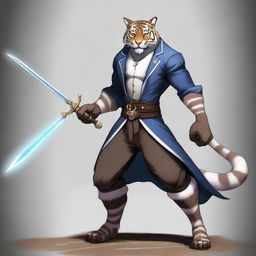 A high-quality digital art image of a tall and muscular tabaxi, resembling a dark-furred saber-toothed tiger with striking white stripes