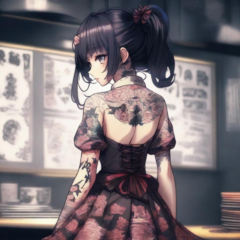 A Yandere style anime girl with intricate tattoos on her back and chest, dressed in a moe style loli dress. She's tall and drawn in an anime painter studio with a grimdark twist in a 4k digital art style.