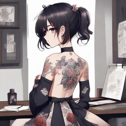 A Yandere style anime girl with intricate tattoos on her back and chest, dressed in a moe style loli dress. She's tall and drawn in an anime painter studio with a grimdark twist in a 4k digital art style.