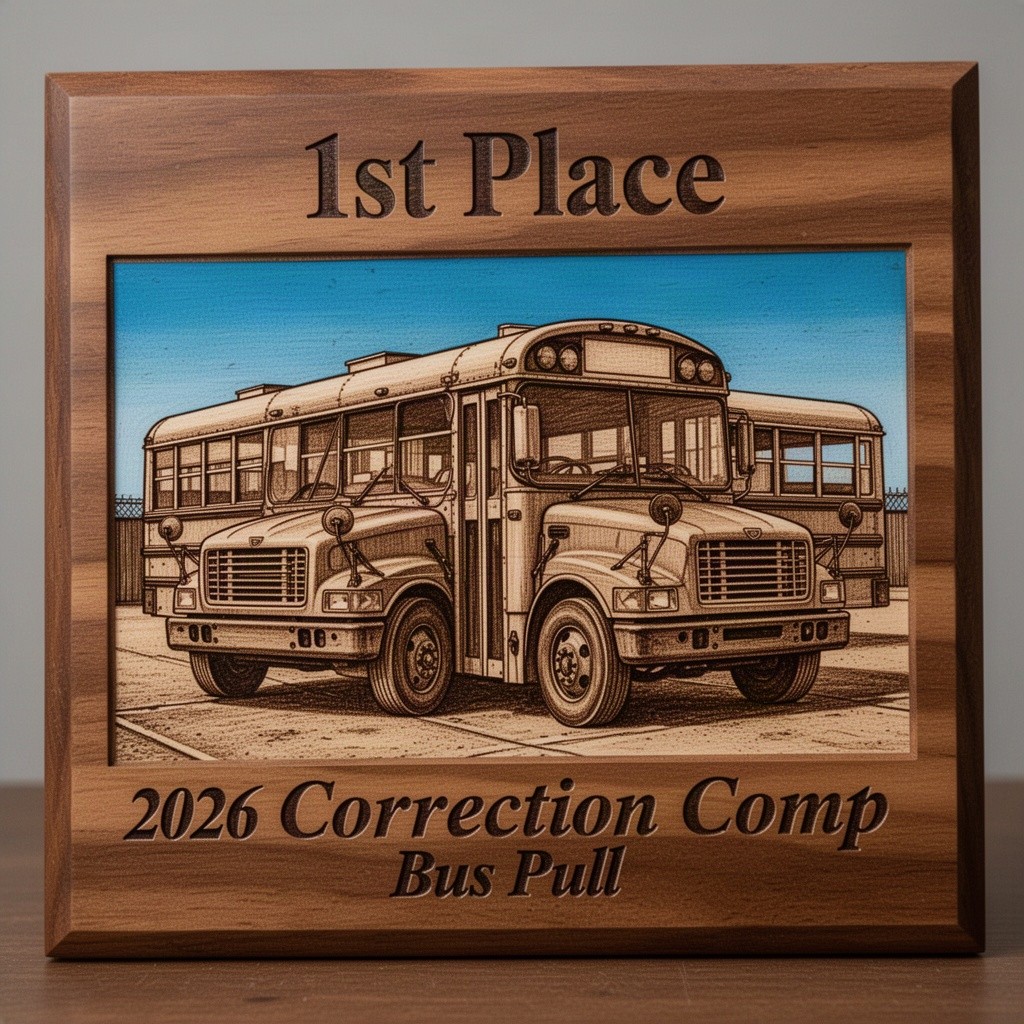 A beautifully crafted wooden plaque featuring an intricate engraved image of a prison bus