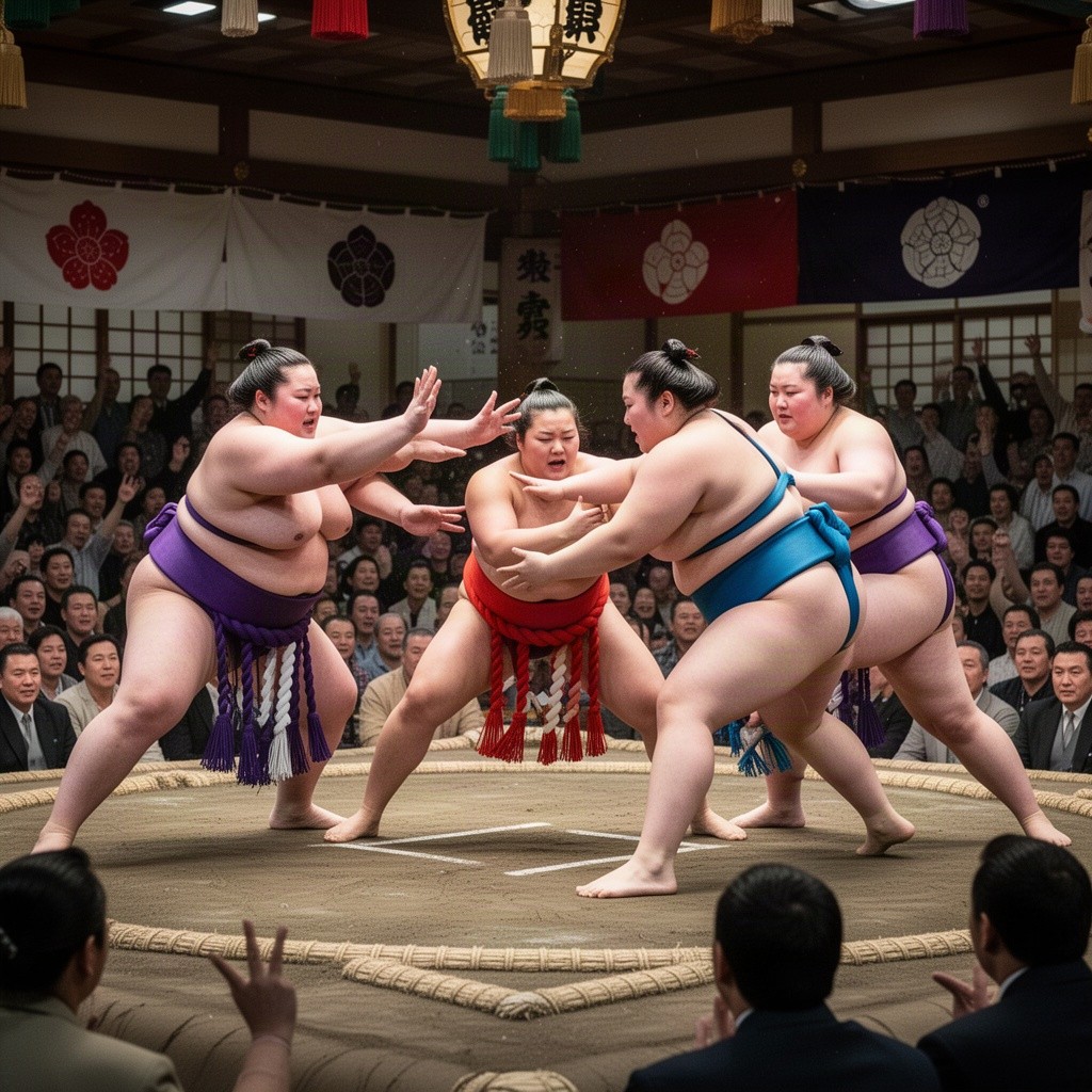 A vibrant and energetic scene depicting female sumo wrestlers in a traditional sumo ring, dressed in colorful mawashi (sumo belts)