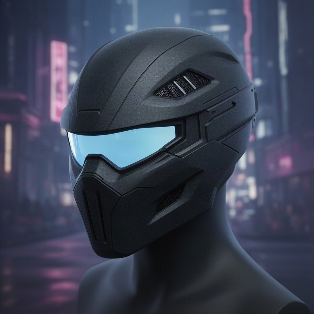 A detailed, artistic representation of a DevTac Ronin mask, showcasing its sleek, futuristic design with a matte black finish and subtle texture