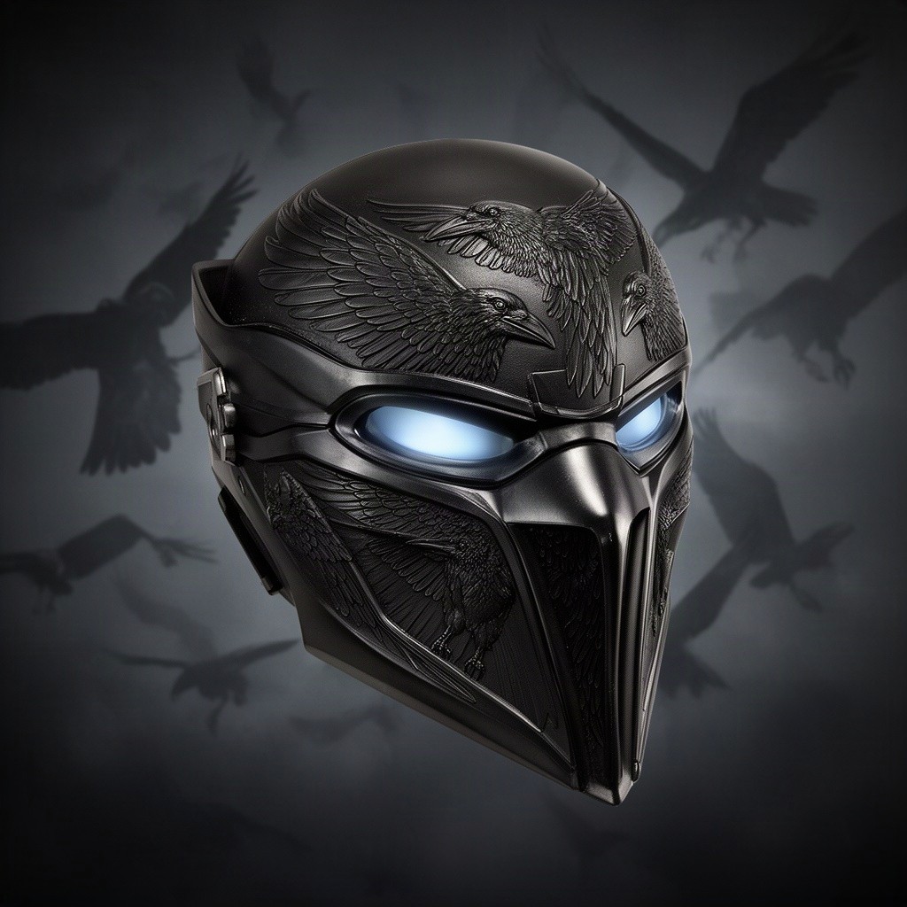 An artistic representation of a DevTac Ronin mask embellished with a raven motif