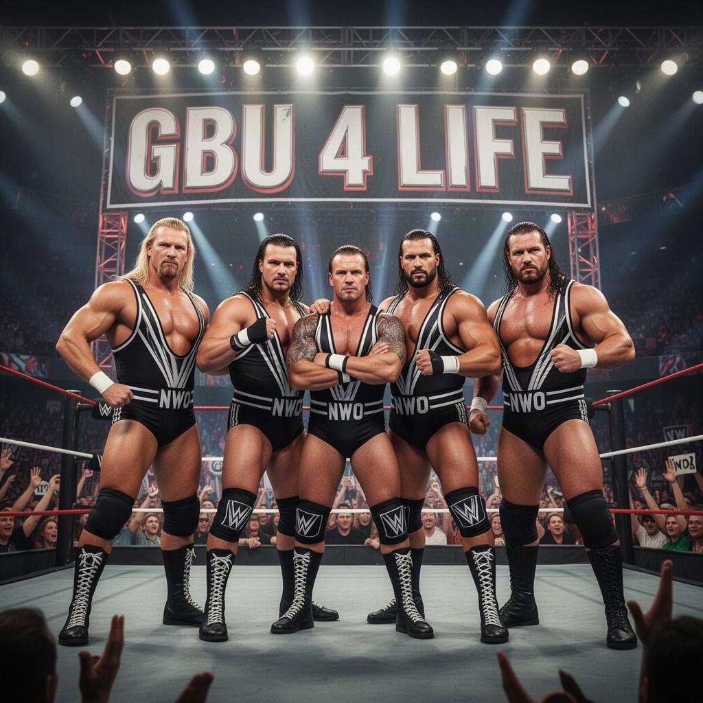 A dynamic and intense scene featuring four professional wrestlers, all dressed in black and white wrestling gear, proudly standing together under a large, illuminated banner that reads 'GBU 4 LIFE'