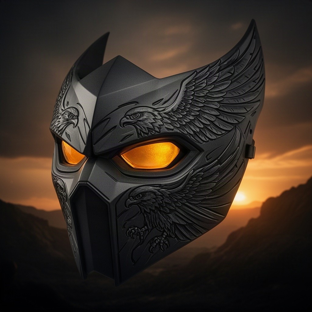 An artistic representation of a DevTac Ronin mask intricately adorned with a falcon motif