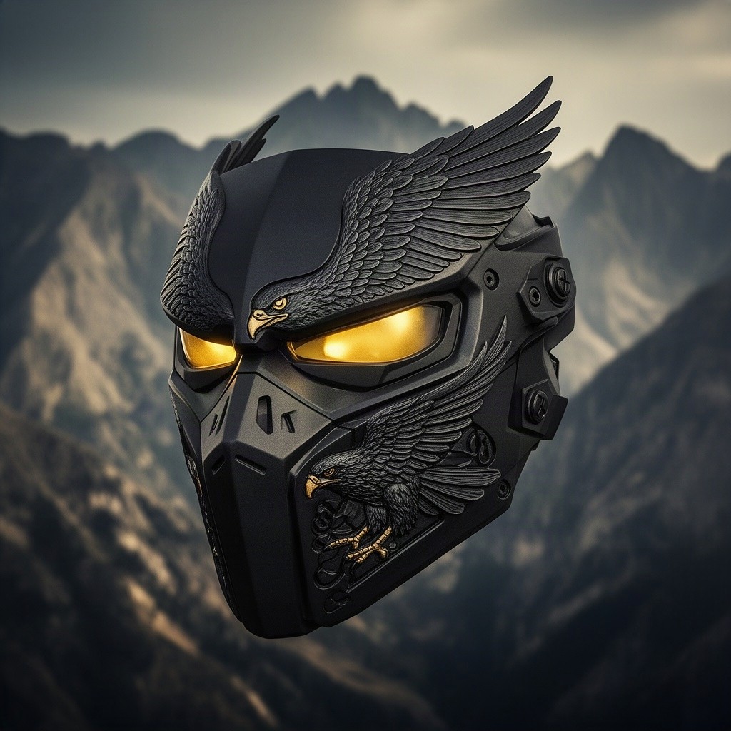 An artistic representation of a DevTac Ronin mask intricately designed with a hawk motif