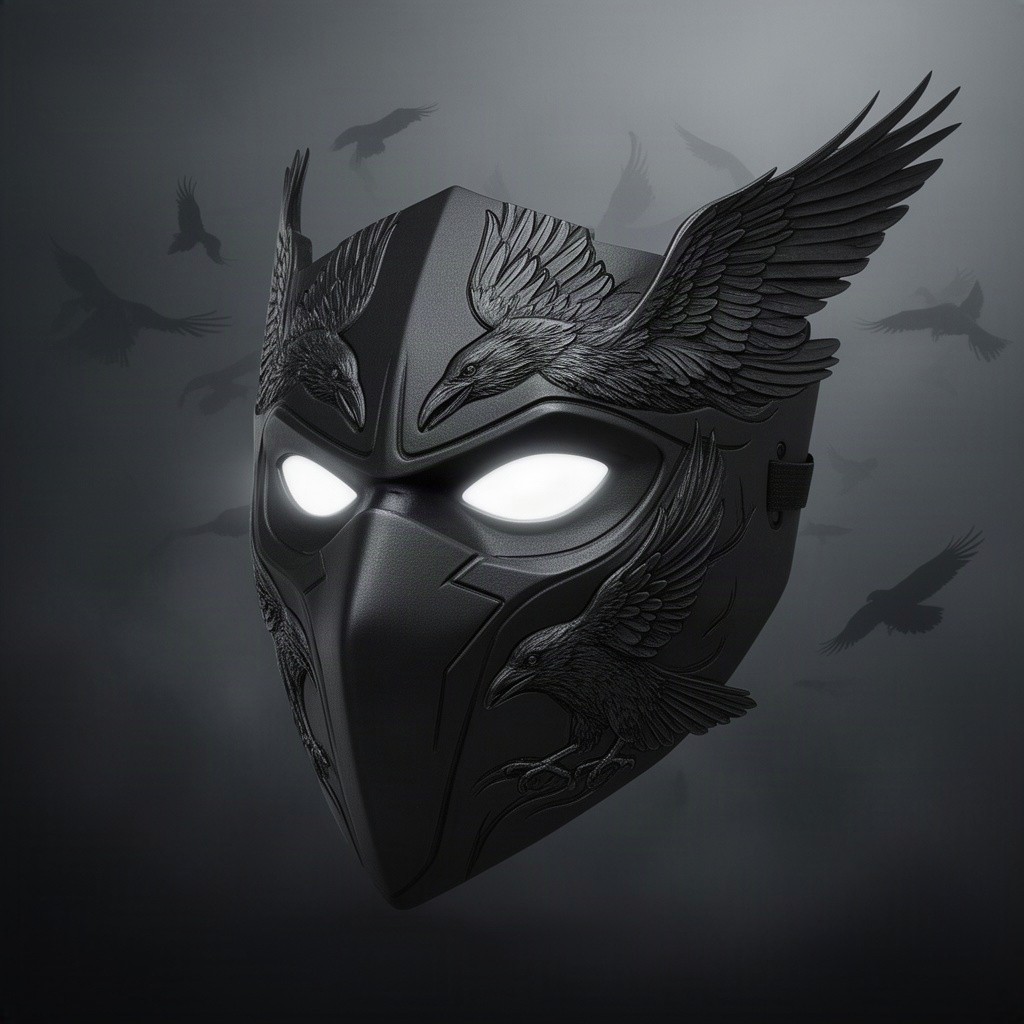 An artistic representation of a DevTac Ronin mask intricately adorned with a raven motif