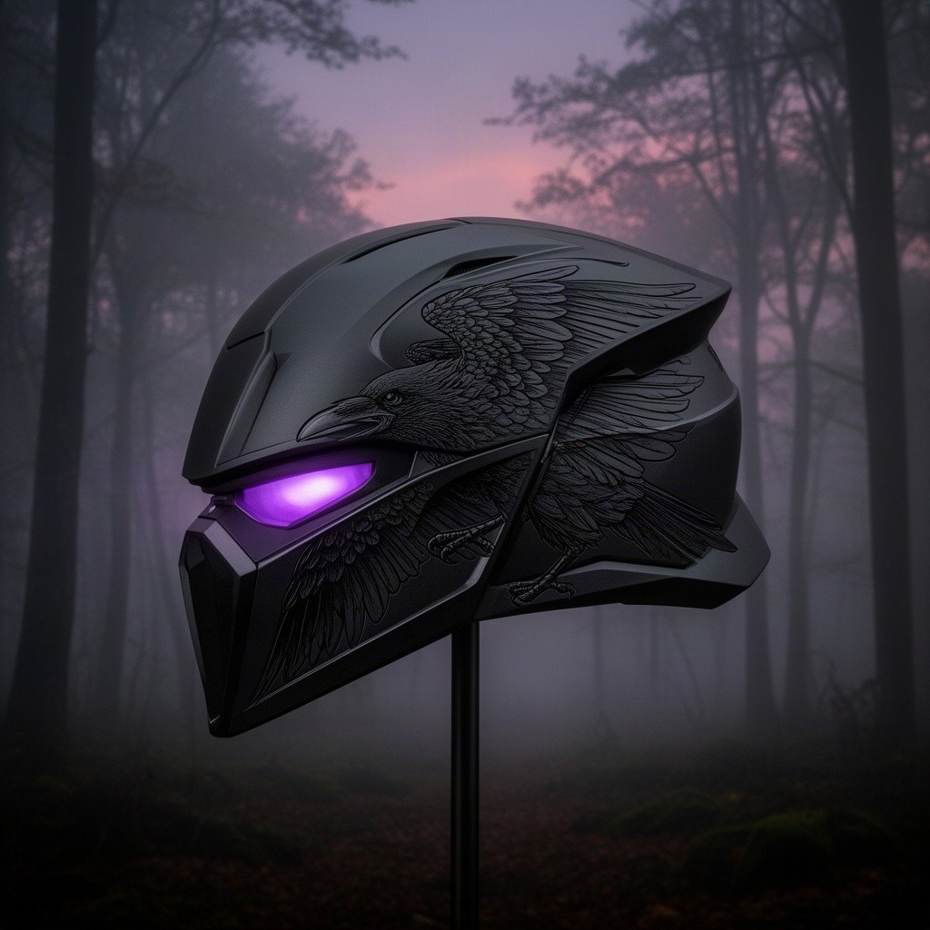 A visually striking representation of a DevTac Ronin Ospery helmet adorned with an intricate raven motif