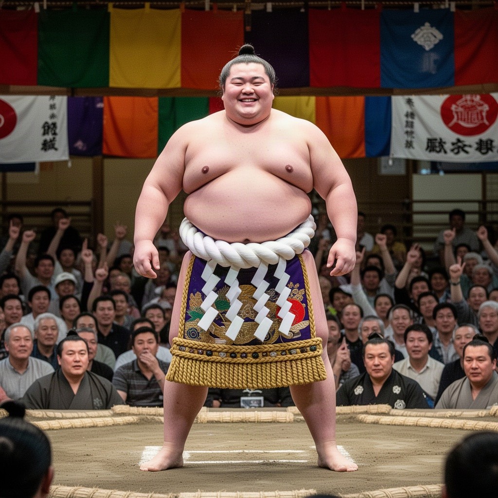 A chubby sumo wrestler in a traditional rikishi outfit, standing confidently in a sumo ring surrounded by a lively crowd