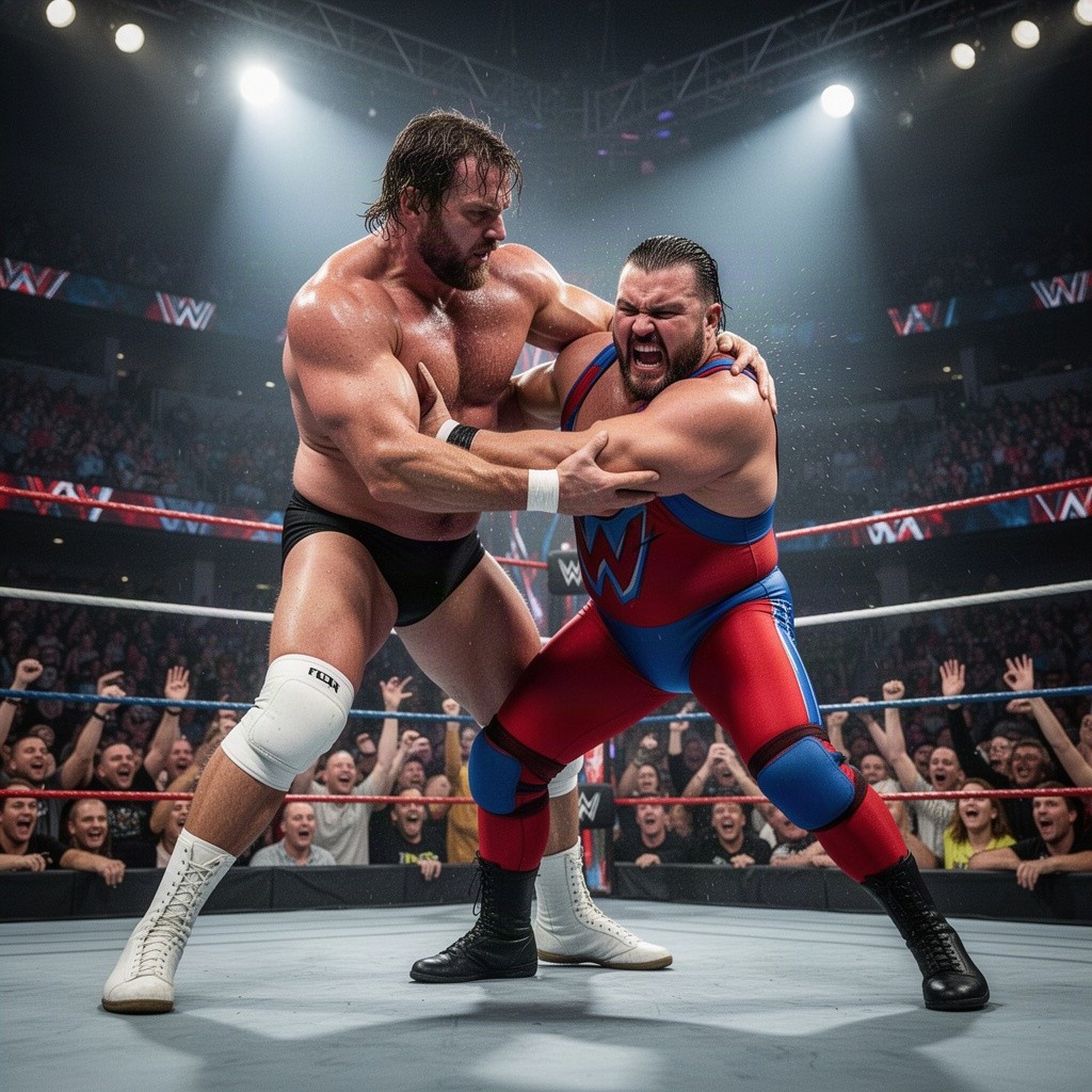 A dynamic combat wrestling scene depicting two muscular wrestlers engaged in an intense match