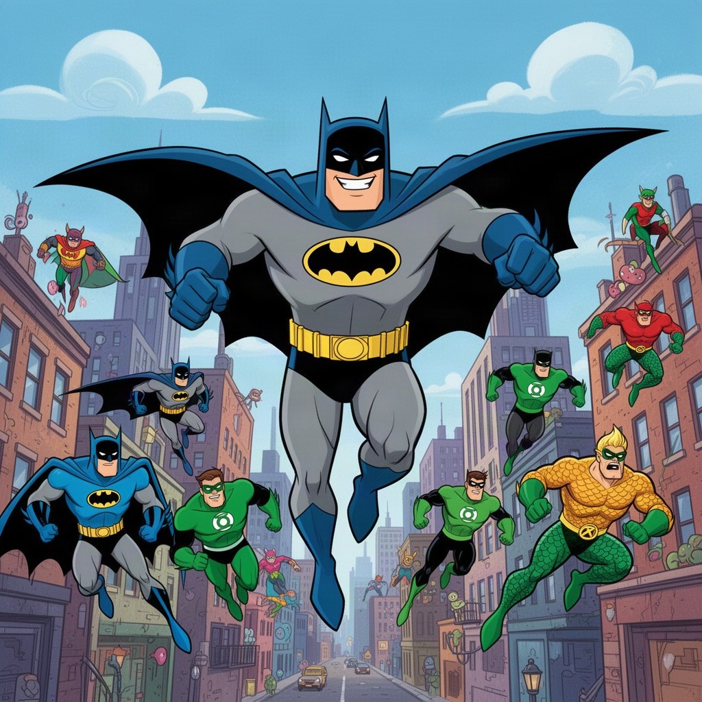 A vibrant and colorful scene featuring Batman from 'Batman: The Brave and the Bold'