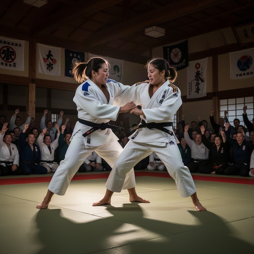 A dynamic scene featuring two skilled female judokas engaged in a judo match on a tatami mat