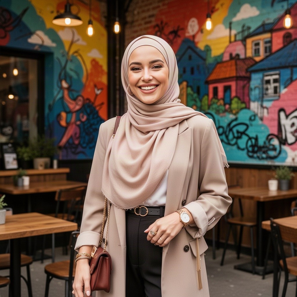 A beautiful blonde woman wearing a stylish hijab, exuding confidence and charm