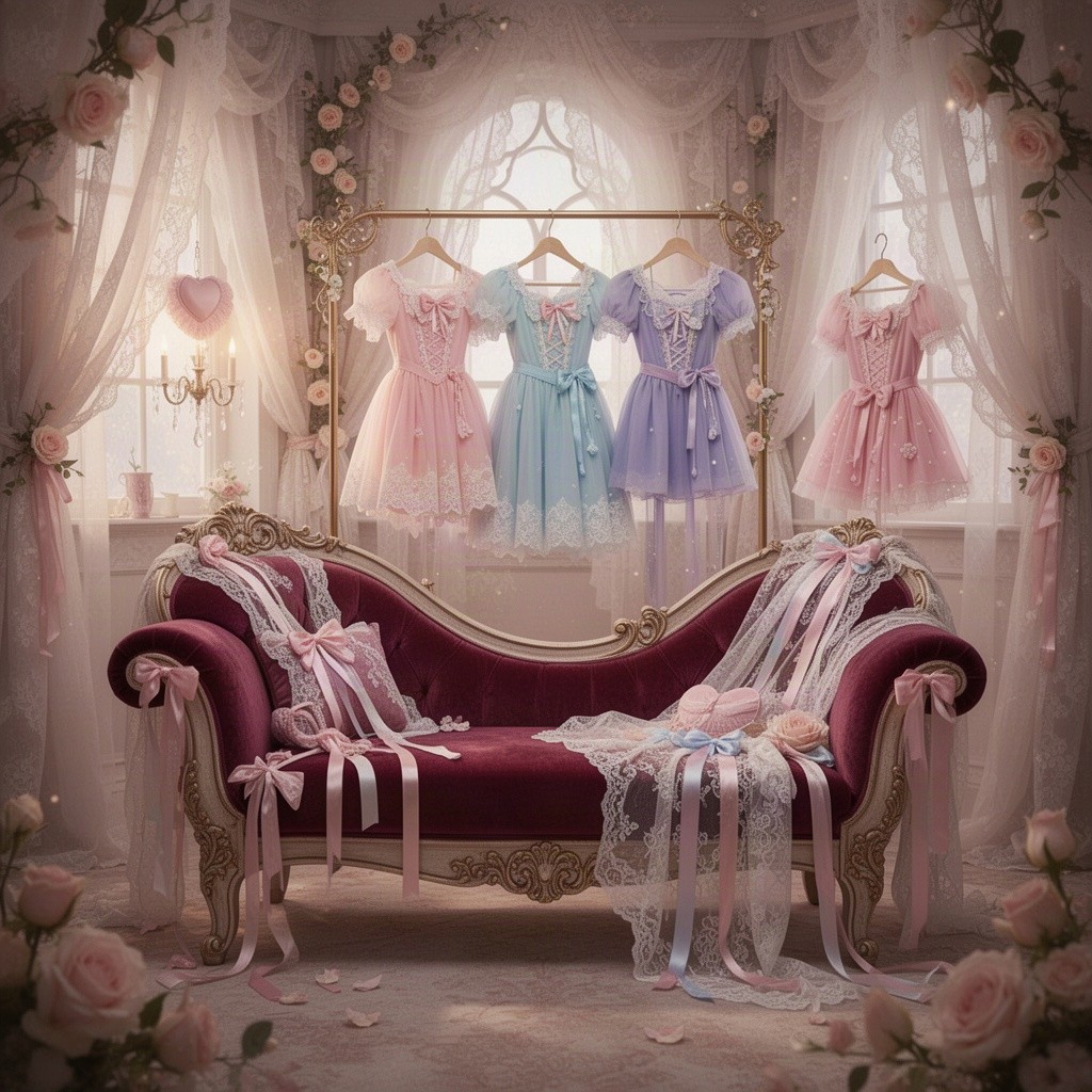 An elegant and artistic scene depicting a fantasy-themed chamber set for a sissy persona