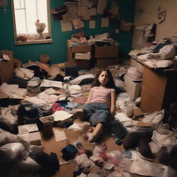 A young girl sprawled out on the floor of her disorderly, dimly lit room. She's surrounded by a clutter of personal belongings in various states of disarray.