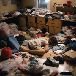 A young girl sprawled out on the floor of her disorderly, dimly lit room. She's surrounded by a clutter of personal belongings in various states of disarray.