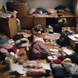 A young girl sprawled out on the floor of her disorderly, dimly lit room. She's surrounded by a clutter of personal belongings in various states of disarray.