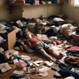 A young girl sprawled out on the floor of her disorderly, dimly lit room. She's surrounded by a clutter of personal belongings in various states of disarray.